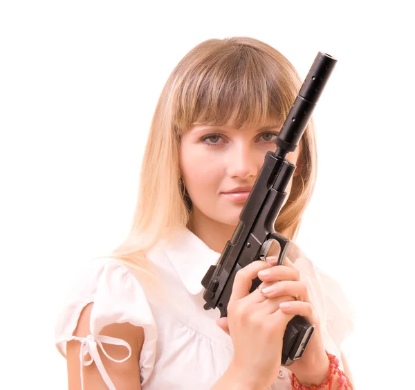 Mujer joven con arma aislada en blanco — Foto de Stock