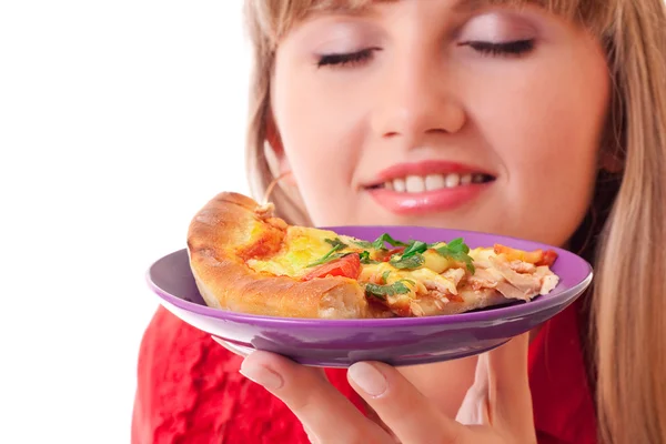 Bella donna con pizza sopra bianco — Foto Stock