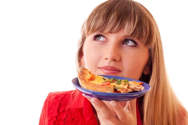 Beautiful woman with pizza over white — Stock Photo, Image