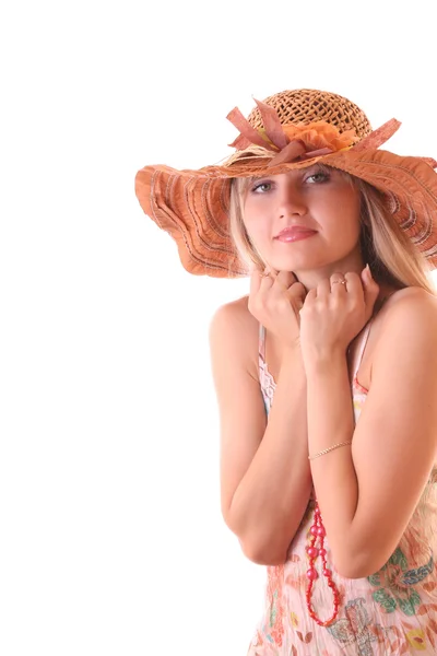 Hermosa mujer en sombrero vintage aislado en blanco —  Fotos de Stock