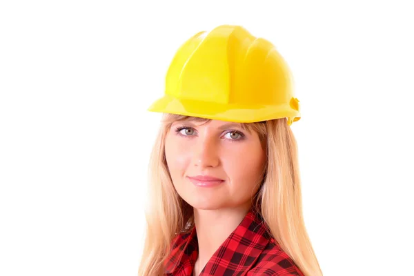 Mujer joven con casco amarillo aislado en blanco —  Fotos de Stock