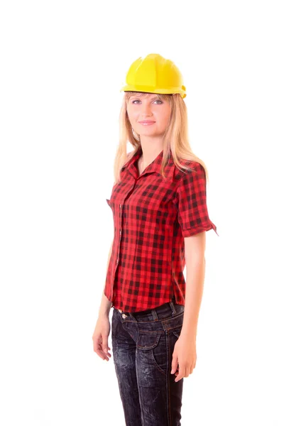 Jonge vrouw met gele helm geïsoleerd op wit — Stockfoto