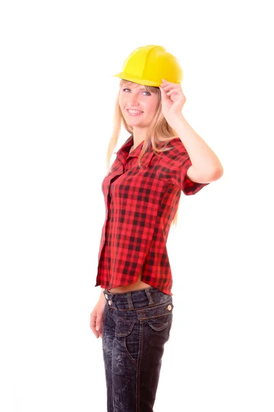 Mujer joven con casco amarillo aislado en blanco — Foto de Stock