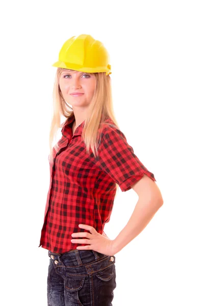 Jonge vrouw met gele helm geïsoleerd op wit — Stockfoto