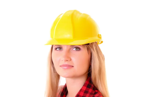 Mujer joven con casco amarillo aislado en blanco — Foto de Stock
