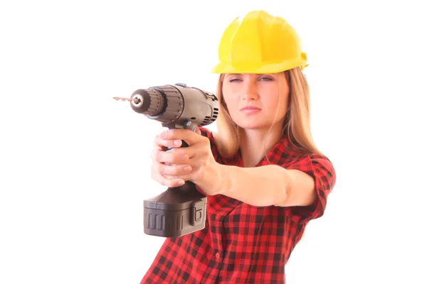 Young girl in helmet with drill isolated on white — Stock Photo, Image