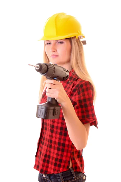 Young woman in helmet with drill isolated on white — Stock Photo, Image