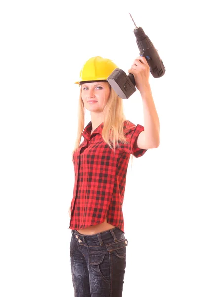 Chica joven en casco con taladro aislado en blanco —  Fotos de Stock