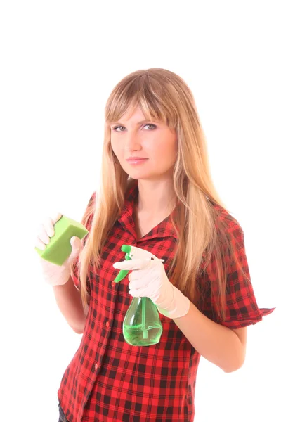 Ung kvinna med rengöringsmedel isolerad på vit — Stockfoto