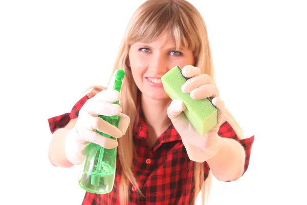 Young woman with cleaning supplies isolated on white — Stock Photo, Image