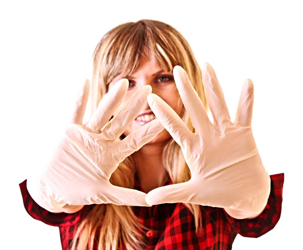 Young woman with gloves isolated on white — Stock Photo, Image