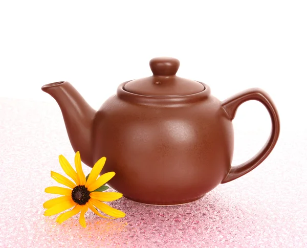 Teapot with green tea with flower — Stock Photo, Image