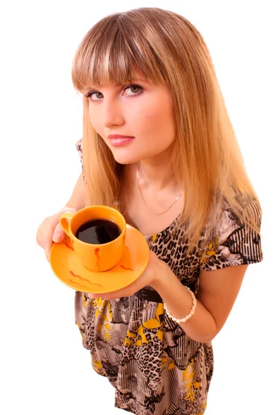 Young woman with yellow cup isolated on white — Stock Photo, Image