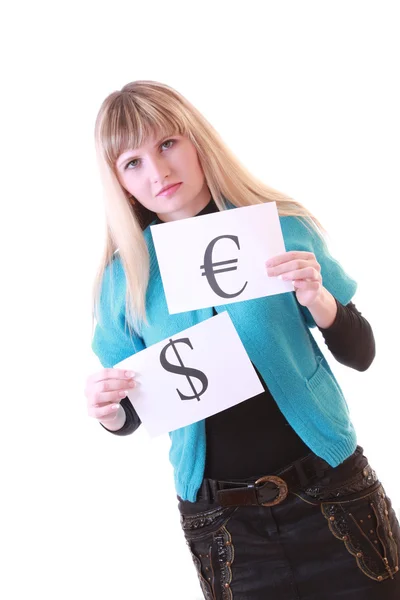 Девушка с символом валюты — стоковое фото