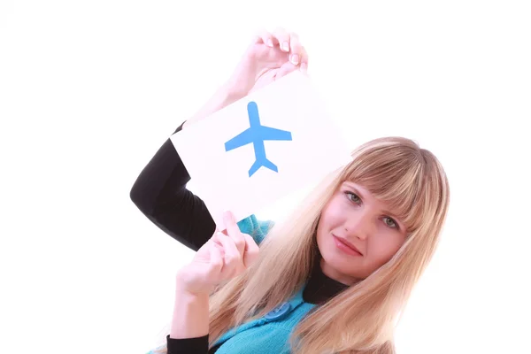 Fiatal lány kezében repülőgép — Stock Fotó