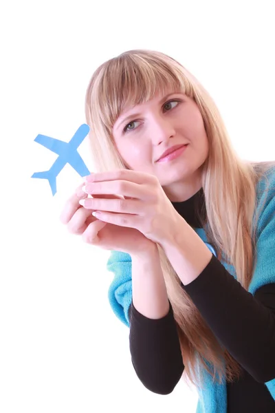Junges Mädchen mit Flugzeug in der Hand — Stockfoto