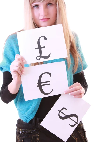 Girl with currency symbol — Stock Photo, Image
