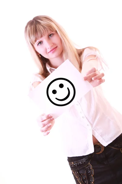 Женщина с символом улыбки изолирована на белом — стоковое фото
