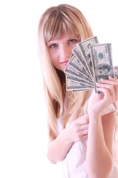 Молодая девушка с долларами — стоковое фото
