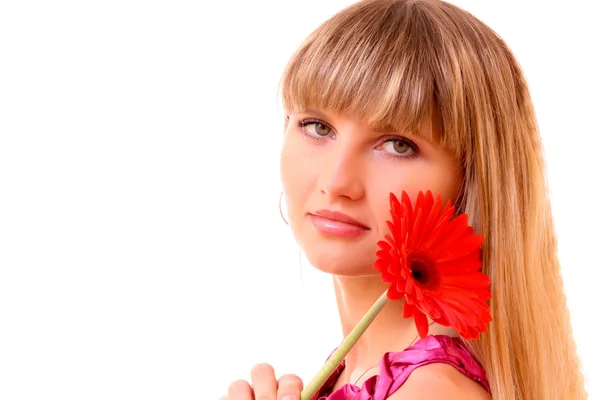 Young woman with flower isolated on white — Stock Photo, Image