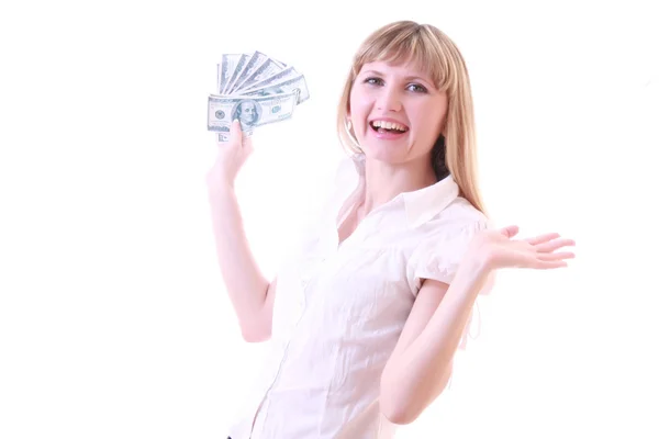 Молодая девушка с долларами — стоковое фото