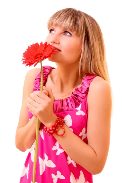 Young woman with flower isolated on white — Stock Photo, Image