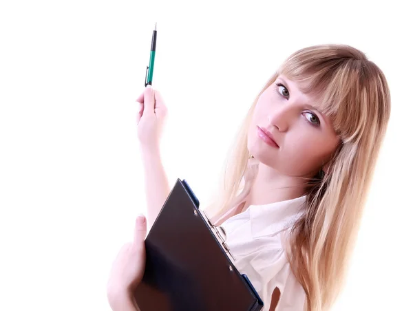 Girl showing something with pen — Stock Photo, Image