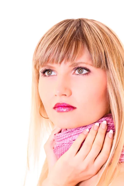 Young woman with scarf over white — Stock Photo, Image