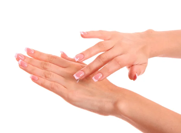 Closeup krásné ženské ruce vyrovnávací krém na ruce — Stock fotografie