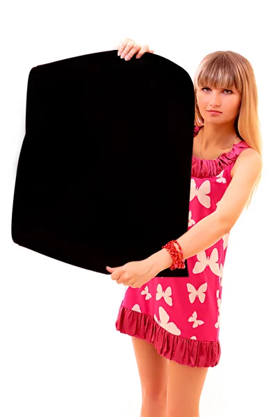 Красива жінка тримає порожній чорний папір — стокове фото