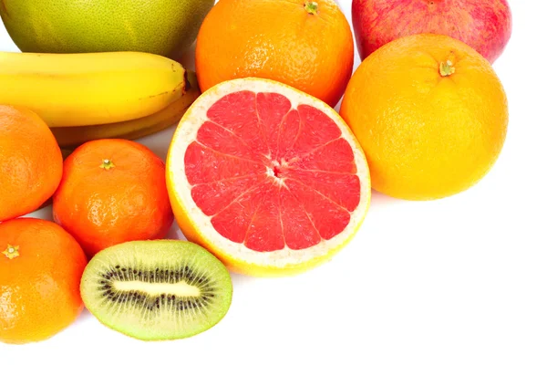Granada, mandarina, plátano, naranja, kiwi, pomelo y una — Foto de Stock