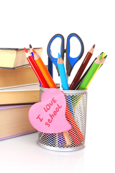 Voelde pennen met een memo nota zeggen: "Ik hou van school" op witte backg — Stockfoto
