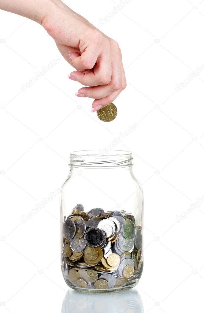 Glass bank for tips with money and hand isolated on white. Ukrai
