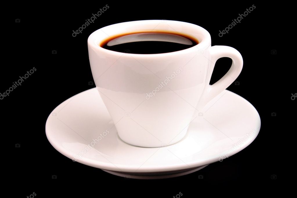 Cup of black aromatic coffee isolated on black