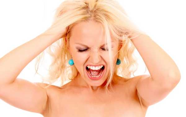Giovane donna urlando isolato su bianco — Foto Stock