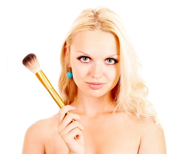 Młoda kobieta makijaż na białym tle — Zdjęcie stockowe