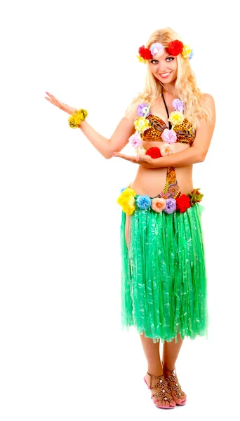 Mooie lachende vrouw in hawaii stijl geïsoleerd op wit — Stockfoto