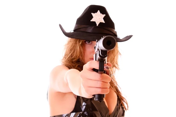 Hermosa mujer sheriff disparando con arma aislada en blanco —  Fotos de Stock