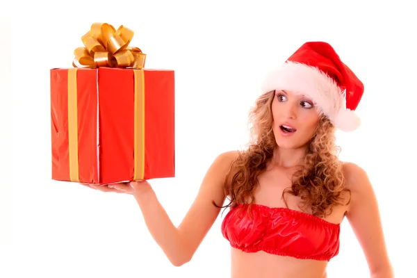 Beautiful sexy woman with gift isolated on white — Stock Photo, Image