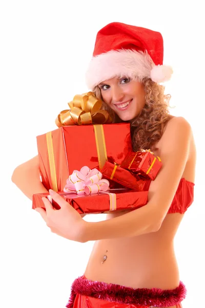 Mujer joven con regalos aislados en blanco —  Fotos de Stock