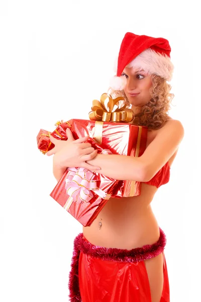 Young woman with presents isolated on white — Stock Photo, Image