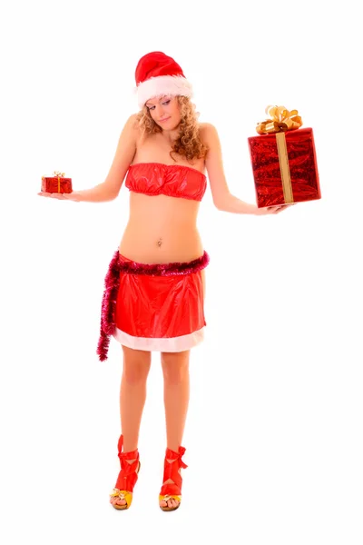 Young woman with presents isolated on white — Stock Photo, Image