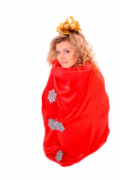 Young xmas girl in bag isolated on white — Stock Photo, Image