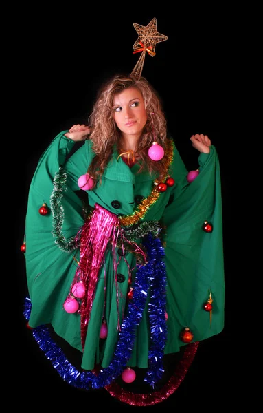 Jovem mulher em Ano Novo e decoração de Natal em preto backgr — Fotografia de Stock