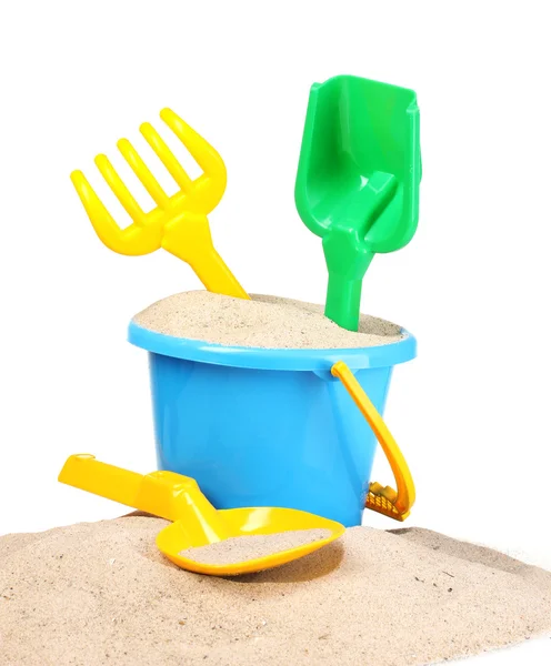 बच्चों के समुद्र तट खिलौने और रेत — स्टॉक फ़ोटो, इमेज