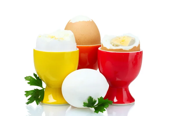 Boiled eggs in bright stands — Stock Photo, Image