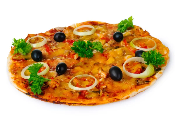 Tasty pizza with vegetables and meat isolated on white — Stock Photo, Image