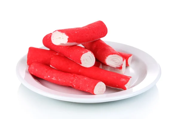 Crab sticks on plate isolated on white — Stok fotoğraf