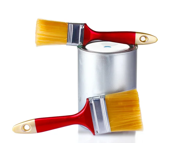 :open tin cans with paint and brushes — Stock Photo, Image