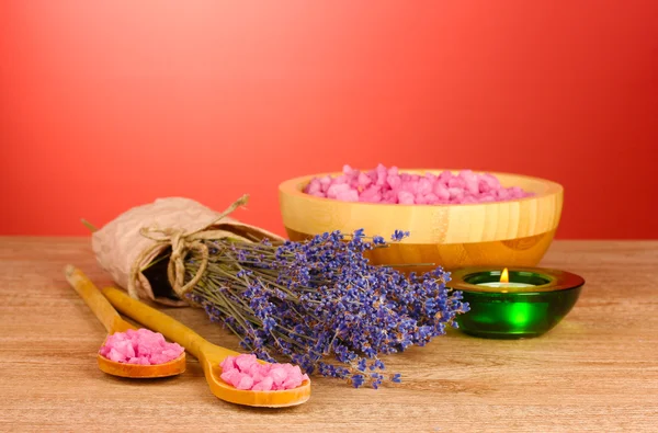 Beautiful lavender, salt and towels — Stock Photo, Image
